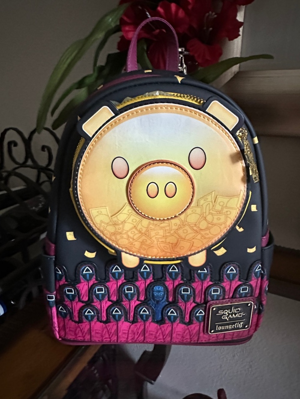 Loungefly Squid Game Piggy Bank Backpack - Black & Pink